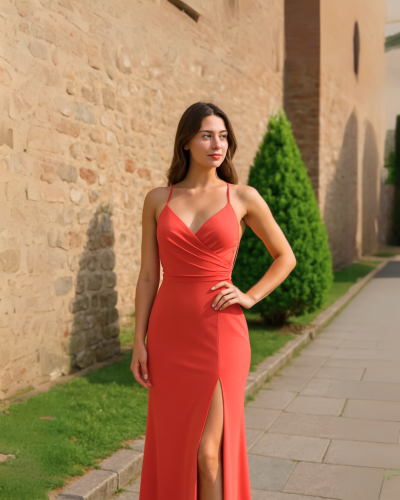 Vestido rojo de noche con espalda abierta