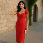 Vestido rojo con flor y flecos Olimara talla 44 para eventos y bodas