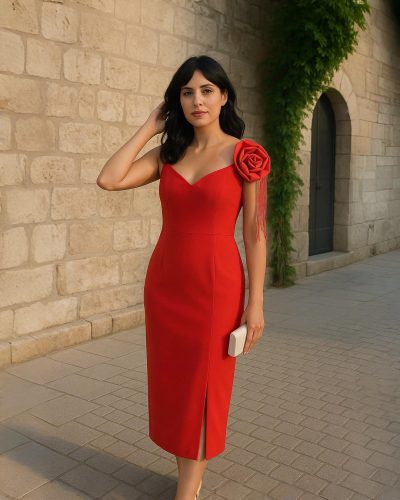 Vestido rojo con flor y flecos Olimara talla 44 para eventos y bodas