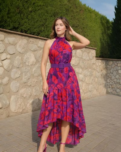 Vista entera del vestido floral con cinturón Betzzia, mostrando a una mujer llevandolo en una boda
